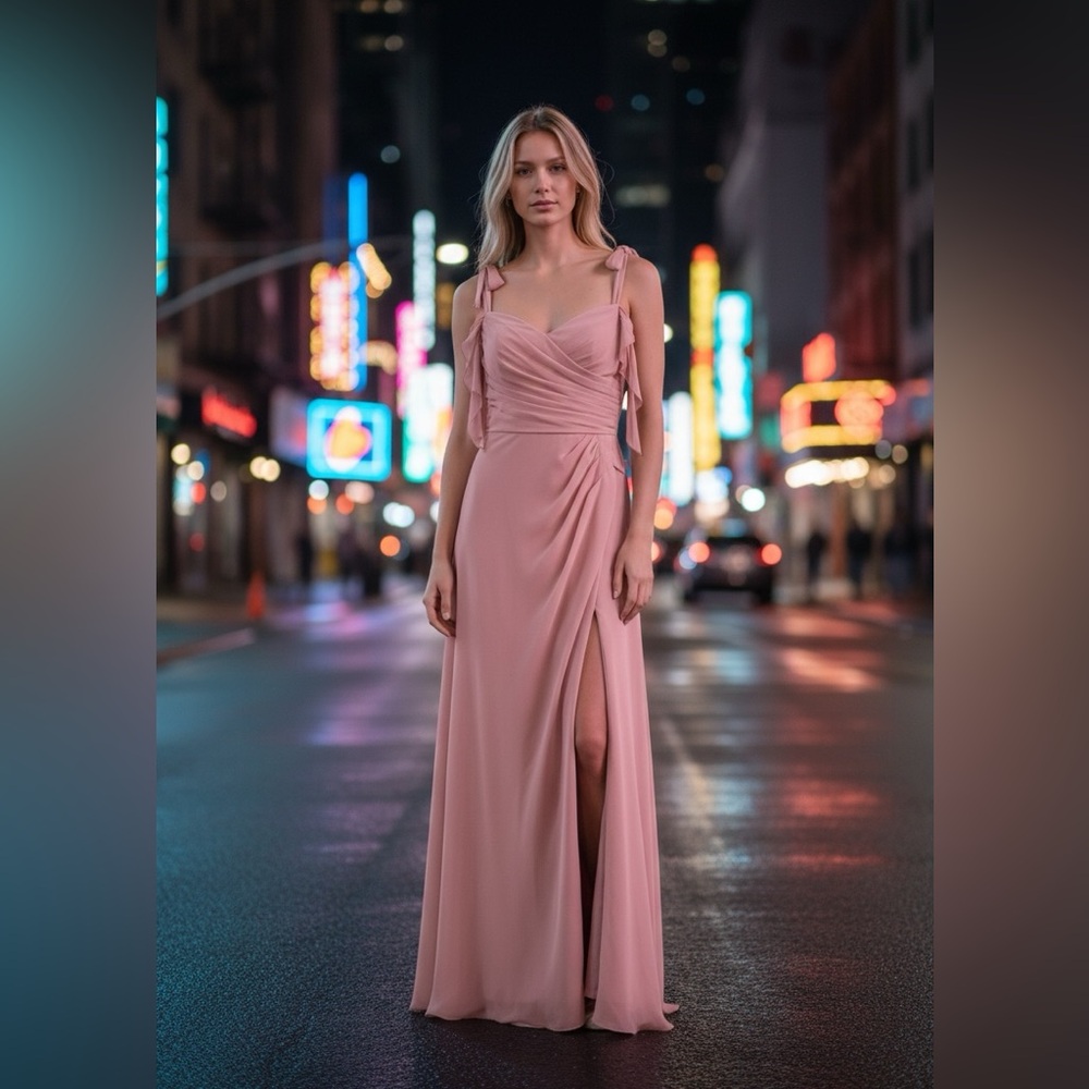 Azazie Rosette Pink Formal Bridesmaid Dress A6 US 6 Maxi Gown